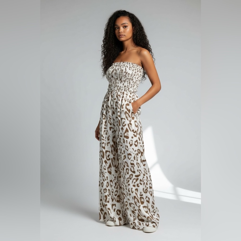 SHEIN Beige Leopard Print Strapless Jumpsuit